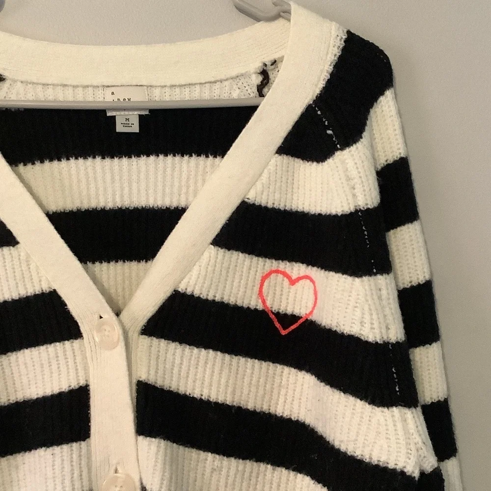 a new day Black and White Striped Cardigan with Heart Accent - Picture 2 of 6